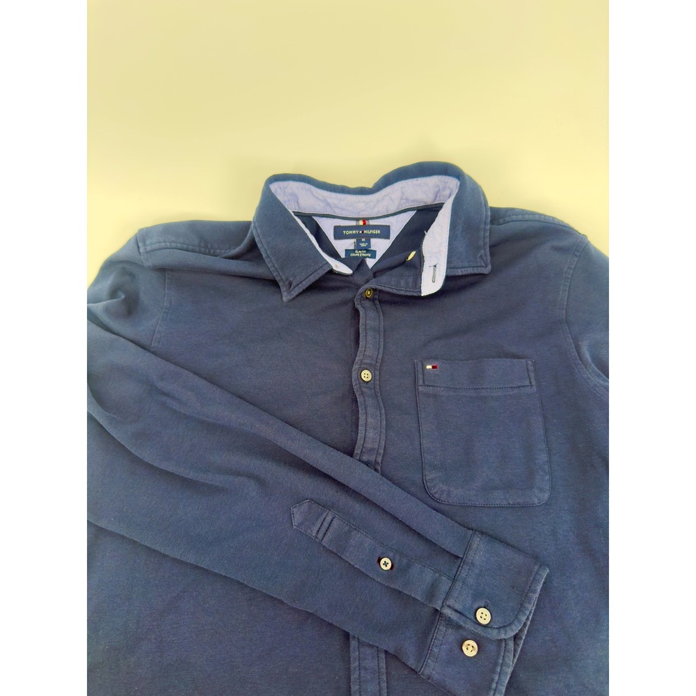 Tommy Hilfiger Mens Slim Fit Navy Blue Knit Button Down Shirt Long Sleeve Medium